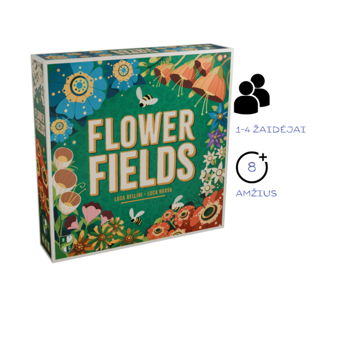 Spalvotomis gėlėmis iliustruota stalo žaidimo dėžutė.