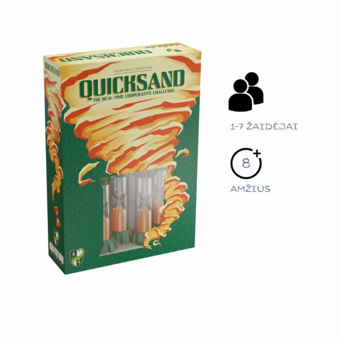 Žalios salvos žaidimo dėžutė su smėlio audros iliustracija.