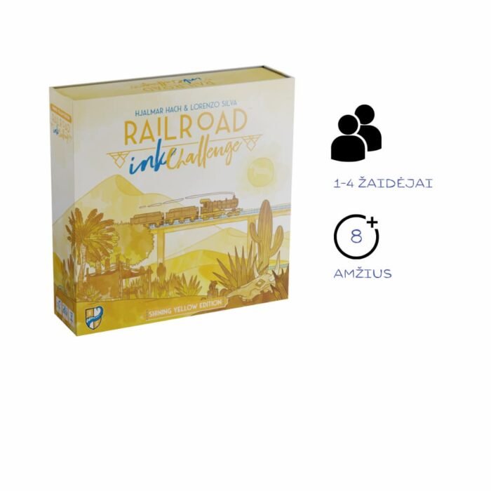 Stalo žaidimo dėžutė iliustruota dykumos su traukiniu vaizdu.