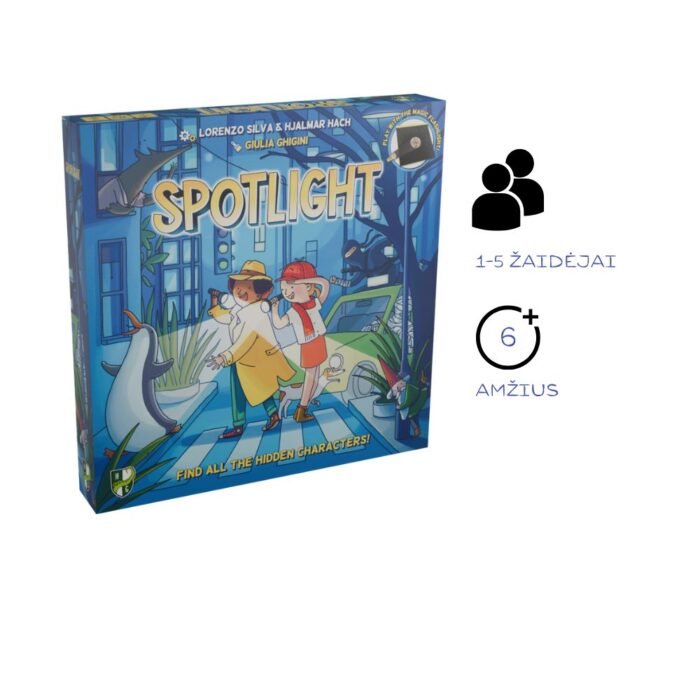 Mėlynos spalvos žaidimo dėžutė su spalvingomis iliustracijomis. Du vaikai šviečiasi žibintuvėliu ir ieško objektų.