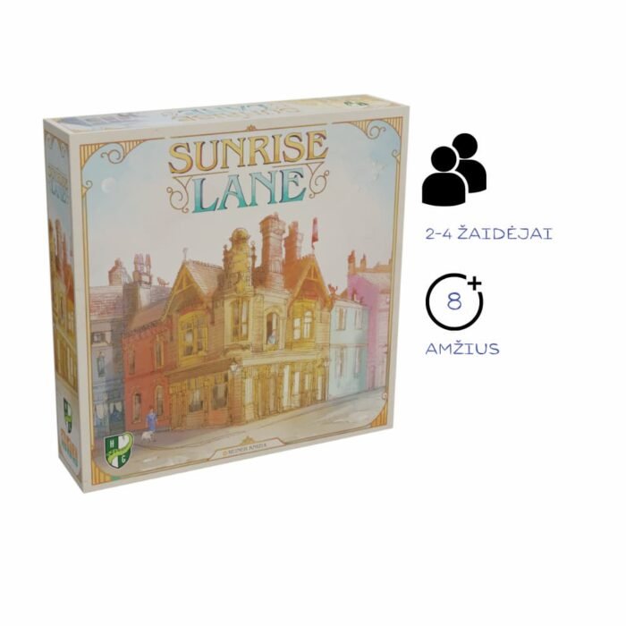 Stalo žaidimo dėžutė su spalvingomis namų iliustracijomis.